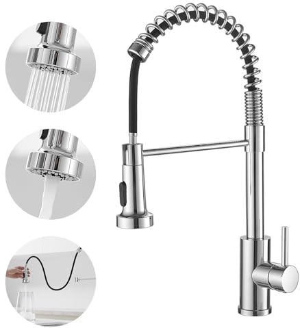 Kitchen Tap, Kitchen Mixer Tap with Pull Out Spray with 360° Swivel & 2 Spray Modes, Spring Kitchen Sink Tap Single Handle High Arc Stainless Steel Tap Cold and Hot Fittings UK Standard