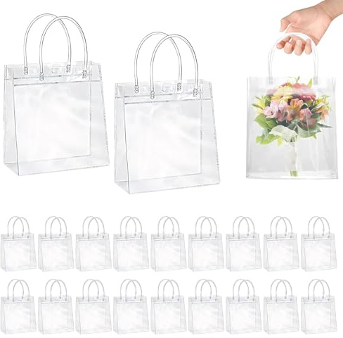 Geschenktüten Transparent, 20 Stück 20x20x8cm, Wiederverwendbare Klare Tragetaschen Hochzeit, Wasserdicht, Durchsichtige Geschenktaschen für Partygeschenke