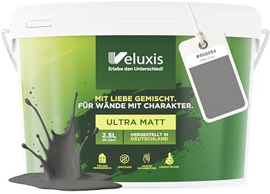 Veluxis® Pintura de pared gris para interiores - 2,5 litros y opacidad clase 1, sin vetas, antigoteo y ecológica, sin COV - (Chic Chia)