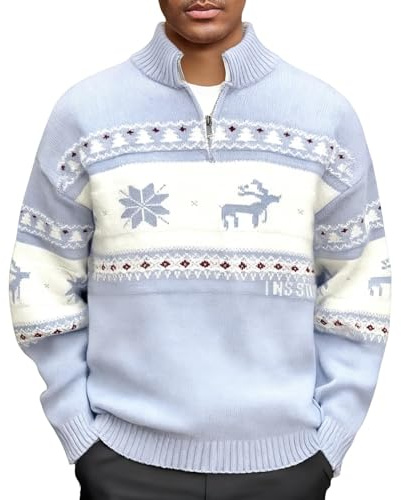 Maglione Natalizio Uomo Norvegese, Pullover Collo Alto A Mezza Zip, Maglia Jacquard Con Motivi Renne-Fiocchi Di Natale, Maglioni Invernale Caldo Lavorato, Jumper Pullover Casual, Abbigliamento Festivo