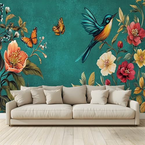 MKBKLI Carta da Parati Fotografica Uccelli Fiori Farfalle - Design per Pareti Camera - Fotomurale Tessuto Non Tessuto 350 x 256 cm - Colla Non Inclusa