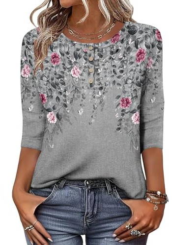 Zeagoo T-shirt för damer, med 3/4-ärm, tröja med rund hals, basic topp, Henly till sommaren, ledig, lätt och lång, storlek S–XXL
