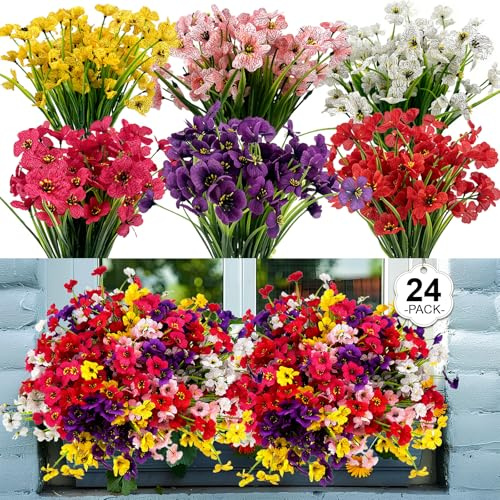 24 Pcs (6 Color) UV Resistant Outdoor Artificial Faux Flowers Plants Realistic Plastic Silk Bulk Fake Arrangements for Garden Hanging Baskets Patio Porch Cemetery Grave Decorations Indoor Vase
