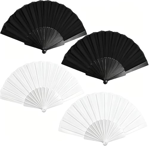 ToqoGeri 4 Pack Silk Fabric Hand Fans, Chinese Fan, Folding Hand Fan for Wedding, Performance, Dancing, Home Decoration - Black and White