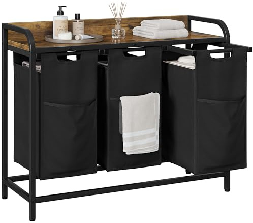 Yaheetech Laundry Basket 3 Compartments Laundry Hamper Rustic Brown 3 x 40L | Metal Frame & Sturdy Particle Board Top, with Shelf and Pull-out Removable Bags, Clothes Sorter, Fits Any Room