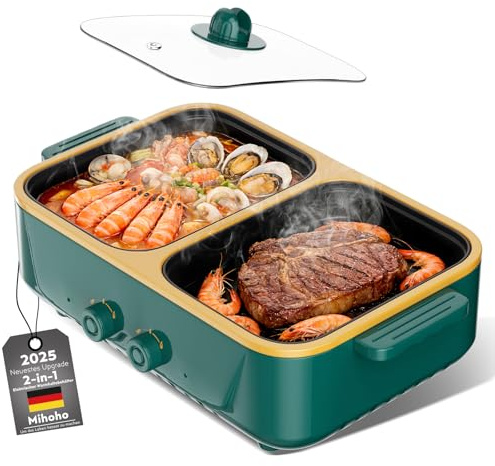 Elektrisk 2-i-1 varmkruka och grill, 1 000 W, två temperaturnivåer, snabb uppvärmning, inomhusmatlagningsapparat för grillning, pasta och mer, lämplig för upp till 3 personer (grön K)