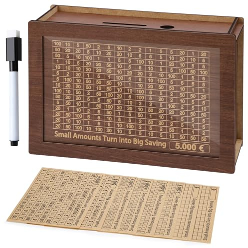 Alyvisun Spardose aus Holz mit Aufkleber und Stift | 5000 Euro Große Sparbox mit Zähler, Wiederverwendbare Sparbüchse Money Box mit Sparziel für Kinder und Erwachsene