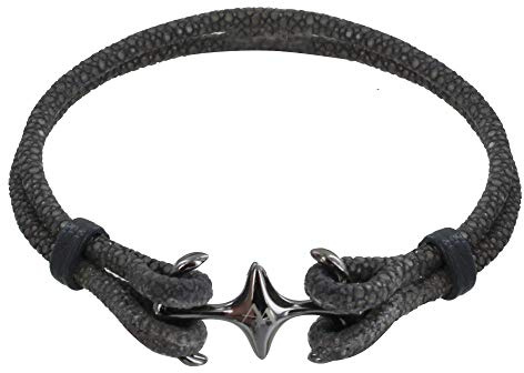 LES POULETTES BIJOUX - Schwarz Rhodium 925 Silber Gemischt Armband Doppel Anker und Leder- 20cm - Grau