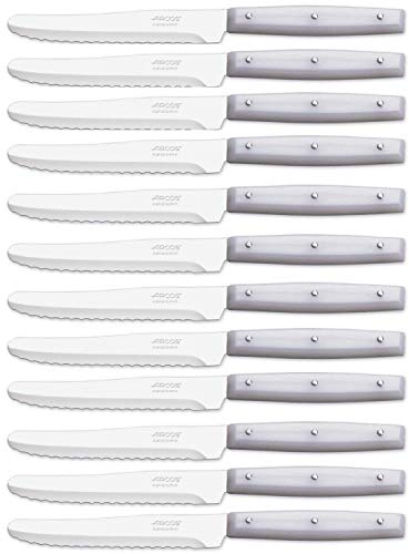 Arcos Serie Cuchillos de Mesa Caja 12 uds Cuchillo Postre, Hoja Serrada de Acero Inoxidable NITRUM de 110 mm, Mango de Nylon Color blanco (12 UDS)