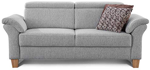 Cavadore 3-Sitzer Sofa Ammerland / Couch mit Federkern im Landhausstil / Inkl. verstellbaren Kopfstützen / 186 x 84 x 93 / Strukturstoff hellgrau