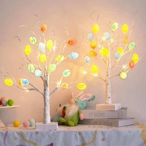 EAMBRITE Osterdeko 2er Set Osterbaum mit 36 bunten Ostereier, 24 warmweiß LEDs batteriebetriebener künstlicher Baum, Osterzweige Osterdekoration für innen, Deko Frühling, Kinder, zum Aufhängen