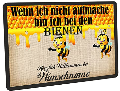 Crealuxe Fussmatte mit Wunschtext/Wunschname Wenn ich Nicht aufmache - Bienen - 60x40 cm - Gummi Rückseite/rutschfest - Filzoberfläche - Bedruckte Türmatte - Innenmatte - Schmutzmatte