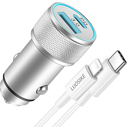 LUOSIKE Presa USB C per Auto con Cavo Lightning da 1m, Adattatore Accendisigari da 20W con PD e QC3.0, Caricatore/Caricabatterie Rapido Compatibile con iPhone 14/13/12/11/Pro Max/mini/SE 2020 e Altri