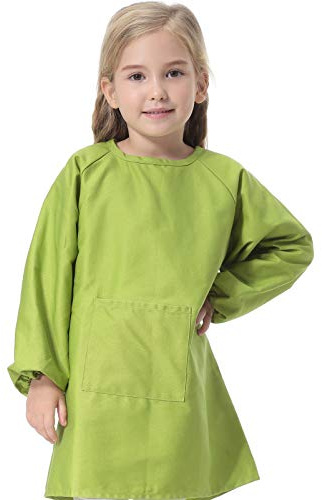 Yundxi Baumwolle Malkittel Kinder, Taschenschürze mit Langen Ärmeln, abwaschbar Kinderschürze, Bastelkittel für Kinder, Kunstkittel für Malen Kochen Backen (Small,Grün)