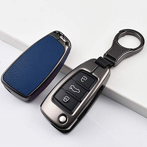 HIBEYO Autoschlüssel Hülle Geeignet passt für Audi Schlüsselhülle Cover für Audi A1 A3 A4 A6 Q3 Q5 Q7 S3 R8 TT Leder 3 Tasten Klappschlüssel Schutzhülle Schlüsselbox Organizer-Schwarz Blau