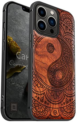 Carveit Coque pour en iPhone 13 Pro Compatible MagSafe avec Étui de Protection Bois et TPU Silicone téléphone Antichoc de 13 Pro magnétique Bumper Etui (Rosé-Mandala avec Yin-Yang)