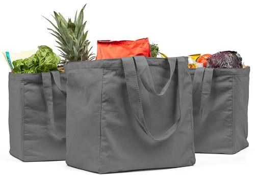 VeraMia Einkaufstasche aus Segeltuch, 3-teiliges XL-Set mit echten Taschen, langem Schultergurt und kurzem Griff, strapazierfähig, faltbar, waschbar, GRAU, X-Large