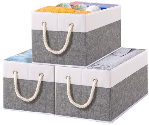 Yawinhe 3 Stück Aufbewahrungsbox Stoff, Faltbare Aufbewahrungskorb, Aufbewahrungswürfel aus Stoff, mit Griff Stoffkisten Aufbewahrung, für Kleideraufbewahrung, Weiß/Grau, 33x23x20cm