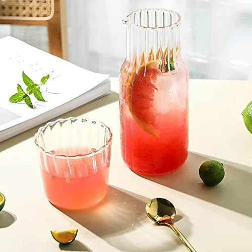 Glass Water Pitcher with Cup 600ML Heat Resistant V-Shaped Mouth Bedside Water Carafe Tumbler Set Bathroom Mouthwash Bottle for Iced Tea Milk Water Coffee(B)