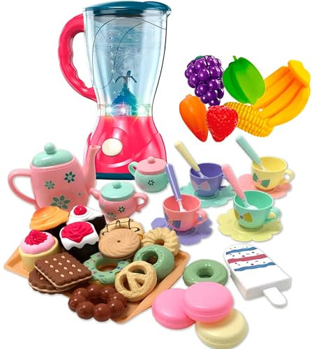 Coo11 Kids Mixer Juicer Set and Tea Set Pretended Simulation with Light and Sound, Food Accessories Set, Kitchen Appliance, Realistic Feature, Perfect Birthday for Boys & Girls, Suitable for 3+