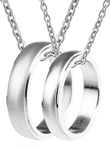BCughia Partnerketten mit Ring, Partnerketten Personalisiert Silber Halskette Gravieren Silberner Gebürsteter Ring Necklace für Ehefrau