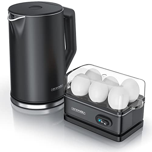 Arendo - Set Wasserkocher ELEGANT mit Eierkocher SIXCOOK Edelstahl Schwarz, Wasserkocher 1,5L 40° - 100°C Warmhaltefunktion, Eierkocher 1-6 Eier, Messbecher