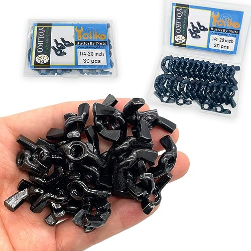 Yoliko 30 PCS 1/4-20 Inch Wingnuts, Quality Carbon Steel Wing Nuts Black Zinc Plated Fasteners Parts Butterfly Nut, Hand Twist Tighten Hardware Nuts Butterfly Wing-Nut 1/4-20” Assorted Kit