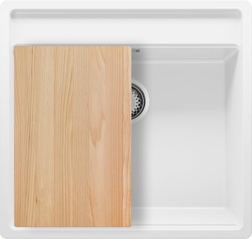 PRIMAGRAN Evier Cuisine en Granit Blanc 56x53cm, Lavabo 1 bac + Kit de Vidage + Planche à Découper, Évier à Encastrer au Meuble 60cm - Bergen S184