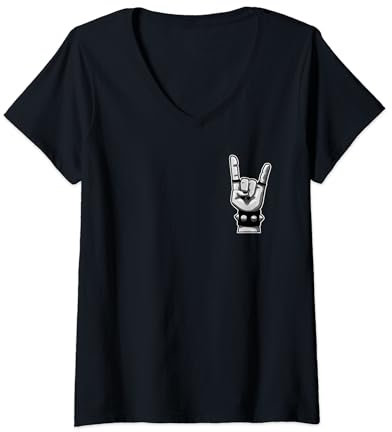 Damen Pommesgabel Rock Hand | kleines Design | Heavy Metal Symbol T-Shirt mit V-Ausschnitt