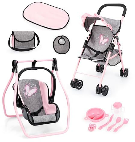 Bayer Design 21533AC Passeggino pieghevole per bambole, doppie ruote, borsa, fasciatoio, culla, accessori, bavaglino