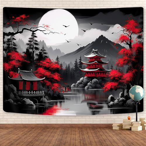 Wandteppich für Schlafzimmer, Motiv: Bergwald, Schwarz-Weiß-Mondlandschaft, Wandbehang, Baum, Sonnenuntergang, dunkel, groß, asiatisch, japanische Wandteppiche, ästhetische Anime-Kunst-Dekoration für