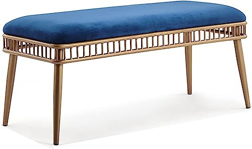 Ottomane-Bank aus Samt, gepolsterte Sitzbank, Metall-Eingangsbank, Schlafzimmerbank, Moderne Schuhbank, Bettbank, Multifunktionsbänke, blau-goldene Beine, 120 x 40 x 45 cm (47 x 16