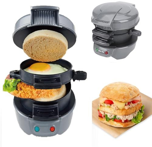 Máquina para Sándwiches de Desayuno, Máquina Eléctrica Sntiadherente de Aluminio para Hamburguesas, Sandwichera a La Parrilla, Lista en 5 Minutos (Gris)