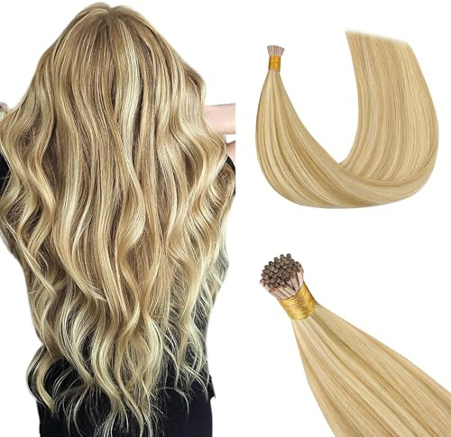 GOO GOO I Tip Hair Extensions, Real Human Hair, 16inch 50g 100S, Cold Fusion, Invisible Remy, 18D/22F Dirty Blonde Highlights