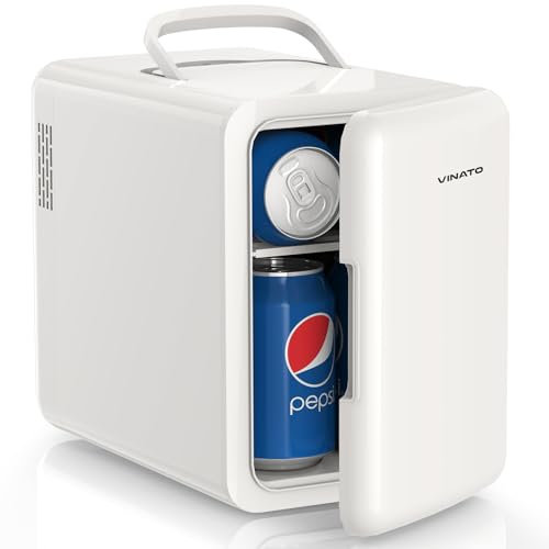 VINATO Piccolo Frigorifero Mini Frigo 6L, Mini Frigorifero da Camera da Letto con Funzione di Raffreddamento e Riscaldamento, 220V AC / 12V DC per Auto, Ufficio, Camera da Letto, Cura Della Pelle, Bev