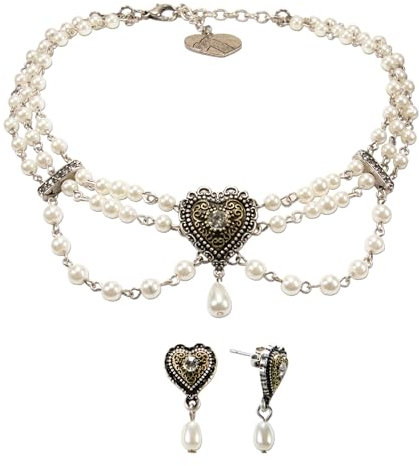 Alpenflüstern Trachtenschmuck-Set Perlen-Korpfkette und Trachten-Ohrstecker Trachtenherz - Damen Trachten-Schmuck Trachtenset Dirndl-Kette und Trachten-Ohrringe (creme-weiß) SET057