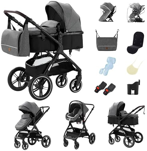 GLOKID Passeggino 3 in 1，Passeggino Canne，Trio，Con Seggiolino Accessori，Adattatori universali，Passeggino per bambini fino a 25 kg，4 ruote con ammortizzatori，navicella，grandi ruote (x1 grigio)