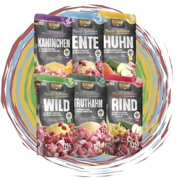 Belcando Frischebeutel Nassfutter | Multi Bundle, Sparpaket | Verschiedene Sorten | 6x125g (125g, Mix 1 - Kaninchen, Ente, Huhn, Wild, Truthahn, Rind)