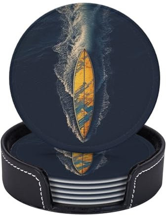 Surfbrett-Set mit 6 Getränkeuntersetzern mit Halter, Leder-Untersetzer, Tischschutz, Tassenmatte für Bar, Dekoration, Tassenunterlage für Couchtisch, Küche, Esszimmer