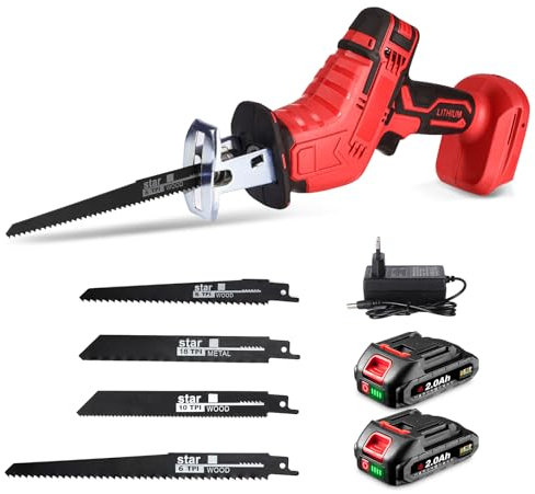 ONEVAN gattuccio a batteria, sega a gattuccio senza fili con 2 batterie da 2,0 Ah e 4 lame, senza spazzole, lunghezza della corsa 22 mm, sega alternativa elettrica per legno, plastica, metallo