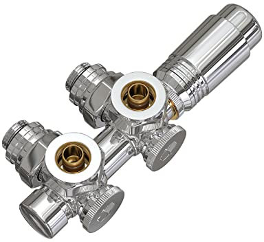EMKE Kit Multiblock per Radiatori, Valvola ad Angolo e in Linea Retta, Connessione Centrale, Valvola del Radiatore con Termostato, cromo