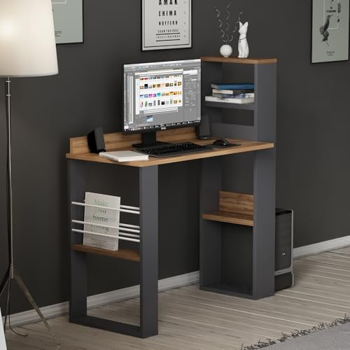 Homidea Aron Bureau d'ordinateur – Coiffeuse avec étagères – Étagères au design moderne pour le bureau à domicile et la chambre d'enfant (Aron – Anthracite/noyer)