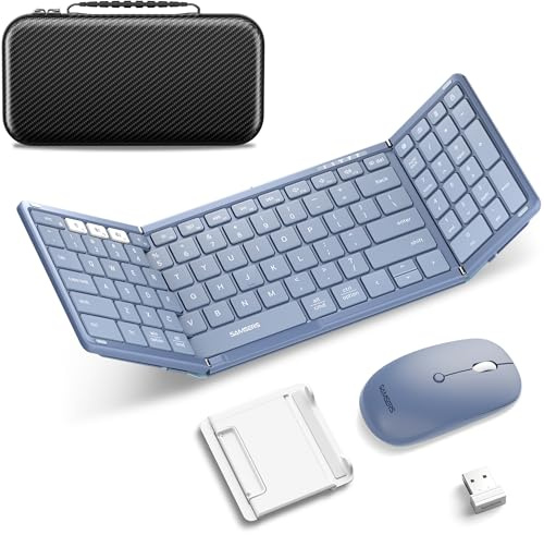 Foldable Keyboard and Mouse, Samsers Folding Bluetooth Keyboard Combo, 2.4G + BT5.0 x 2, Full-Size Portable Travel Keyboard & Rechargeable Wireless Mouse for Windows Android iOS Mac OS, Young Blue