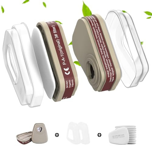 ACDOLF Set di filtri per respiratori, filtri contro vapori organici, filtri in cotone, 10 filtri in cotone + 2 filtri e 2 tappi di copertura per verniciatura, fai da te, cantieri e industria