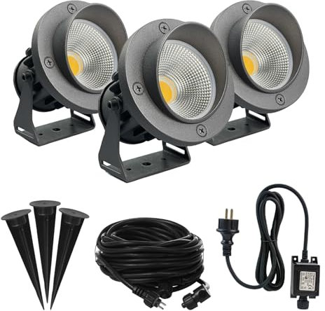 JNR Pack of 3 LED Garden Lighting with Power Set, IP65 Outdoor Spotlight, 3000 K, Warm White Outdoor Lamp, 12 V, 3.5 W, 300 LM Garden Lights with Ground Spike for Garden, Lawn, Path