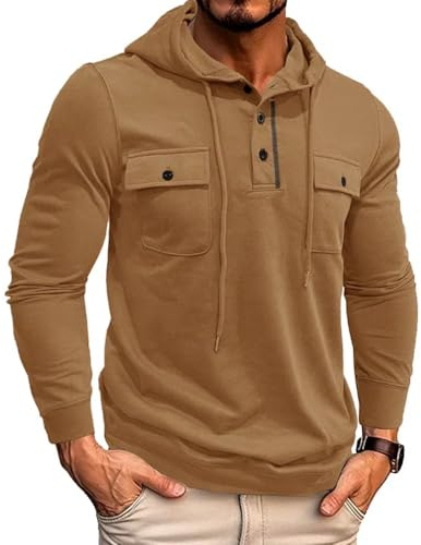 MakingDa Men’s Hoodie Long Sleeve Casual Worker Button Chest Pockets Pullover Muscle Regualr Fit Drawstring Hooded Shirt Solid Work Sport Hoody Khaki L