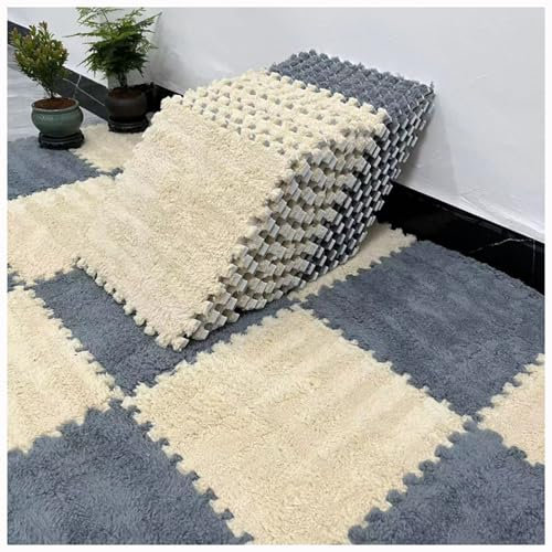 HCZKIUJY Splice ineinandergreifender Teppich, 10 Stück, Patchwork-Plüschschaum-Bodenfliesenmatte für Schlafzimmer, Wohnzimmer, Spielzimmer, ineinandergreifender Krabbelteppich, Sc,Gray+apricot