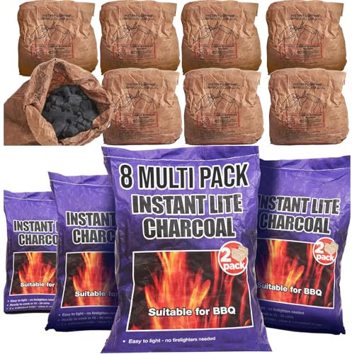 8 x 1.25kg Bags (10kg) Premium Instant Light BBQ Charcoal, Bags of Instant Barbecue Lumpwood Charcoal (4x Twin Packs)