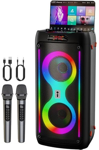 Macchina per karaoke per adulti, altoparlante Bluetooth portatile con 2 microfoni wireless, sistema PA con luci da discoteca per grandi feste, all'aperto, supporta USB/TF/REC/FM/AUX