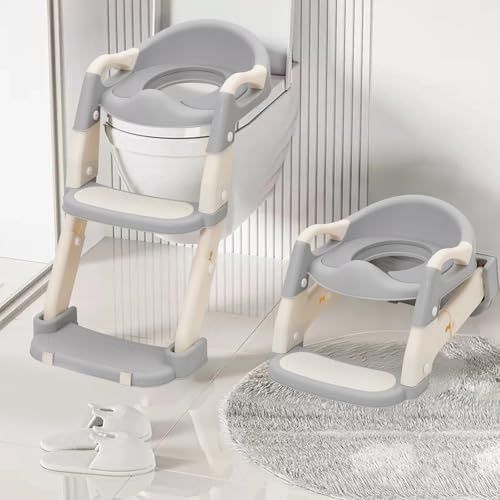 Foldable Potty Training Seat with Step Stool - One-Second Fold Toilet Ladder for Toddlers, Adjustable Height Kids Toilet Seat with Non-Slip Pedal & Side Guard, Soft Cushion, Fits Most Toilets(Grey)